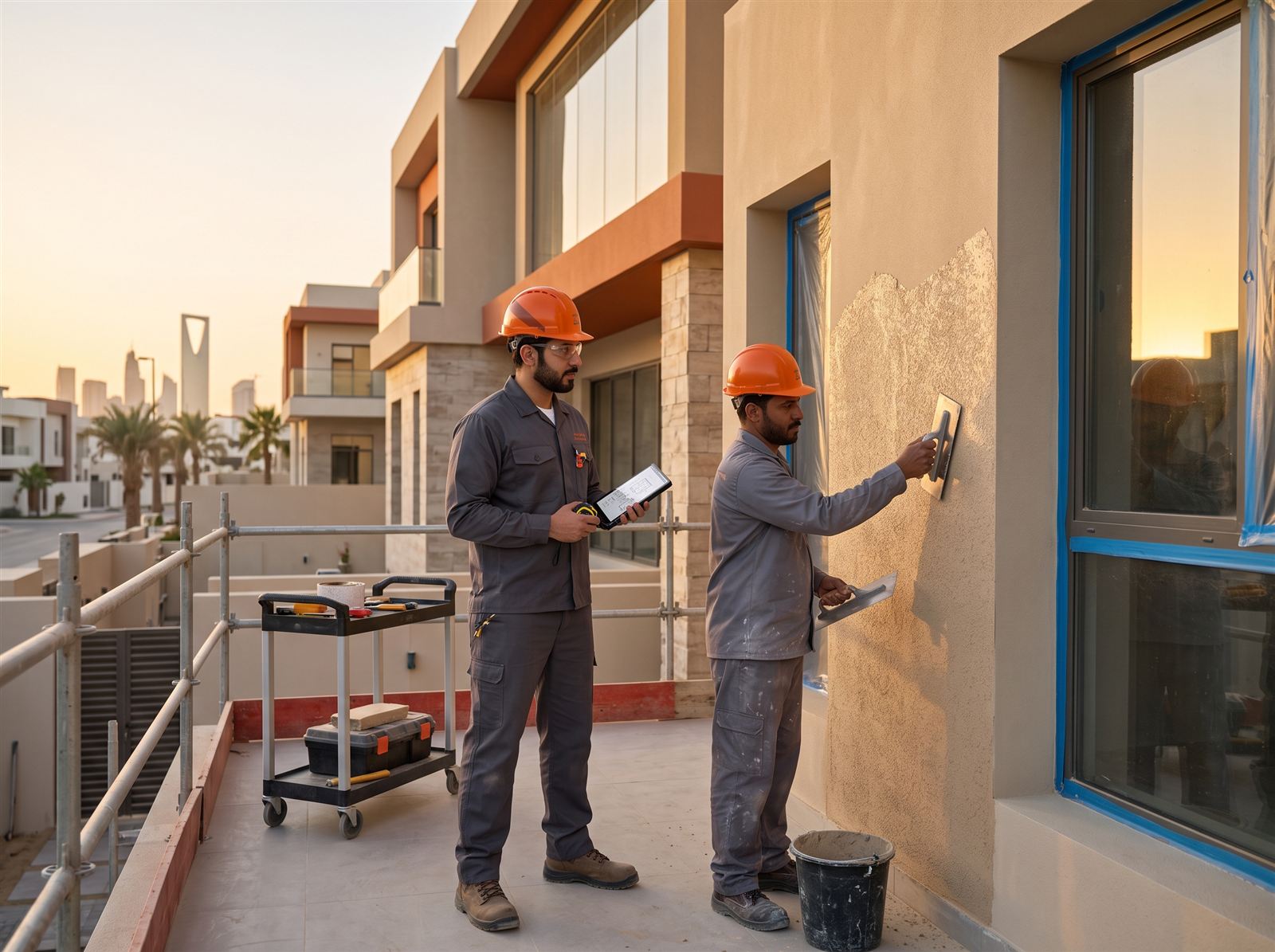 مهندس يشرف على تنفيذ تشطيب واجهة خارجية
